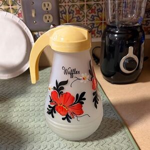 Hazel Atlas Waffles Floral Glass Syrup Pitcher with Yellow Lid